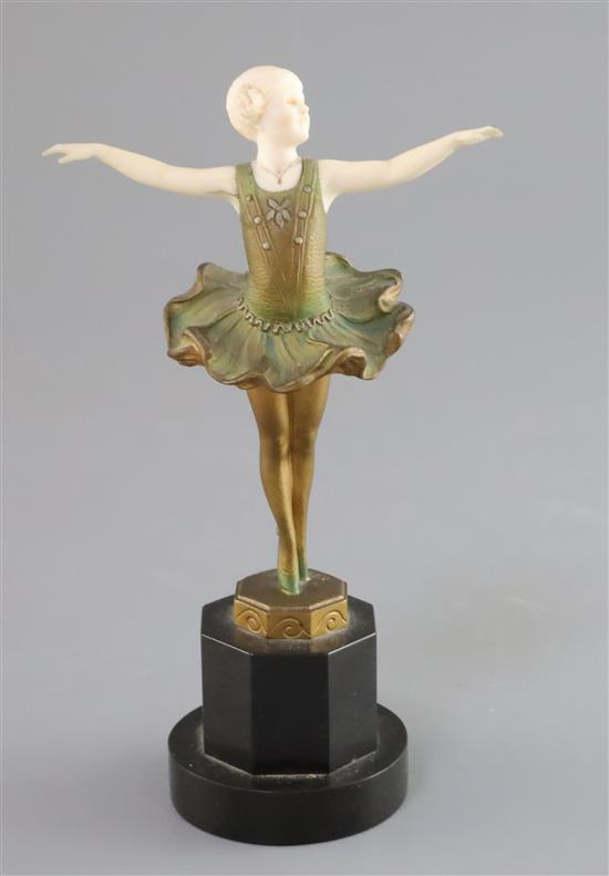Ferdinand Preiss (1882-1943). A patinated bronze and ivory figure of girl ballerina, height 6.5in.